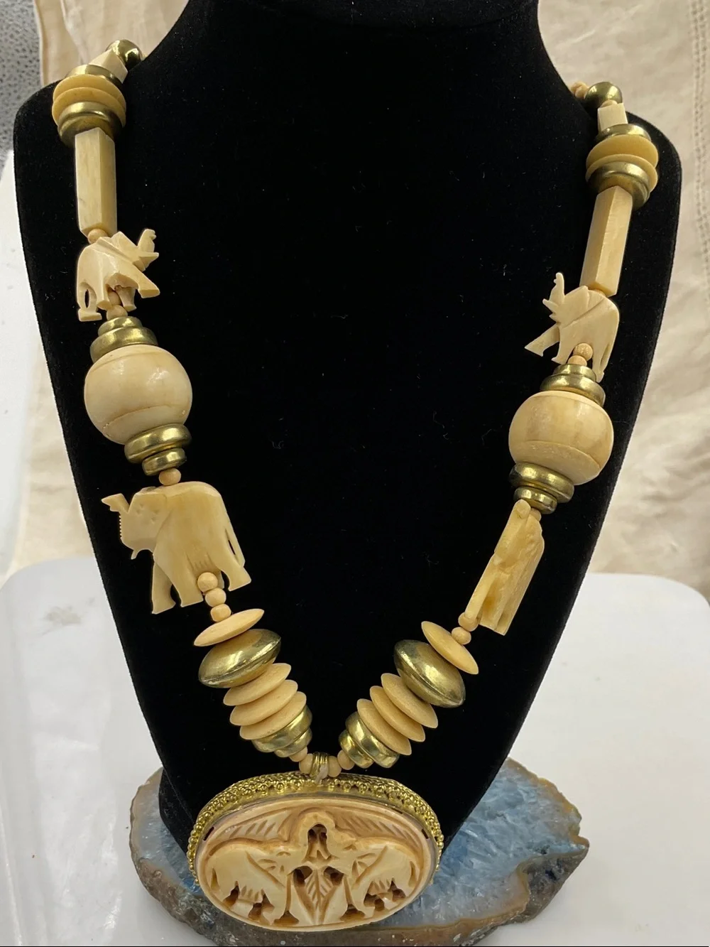 Vintage 1960 Gold Tone Hand Carved Bone Elephant Pendant Statement Necklace